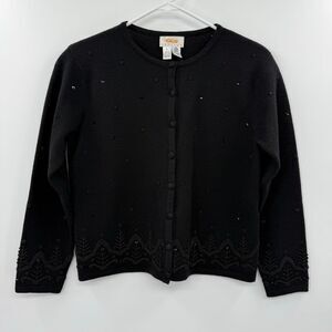 TALBOTS Black Cardigan Sweater Petite Bead‎ Embellished Embroidered Wool
